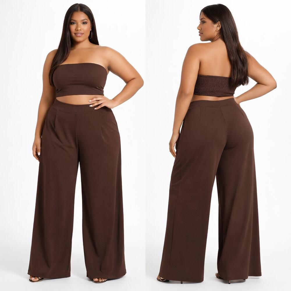 Fashion Nova Chocolate Strapless Wide Leg Pant Set 1X NWT